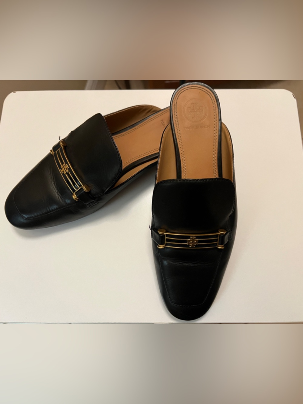 Tory Burch Black Leather Backless Loafers with Gold Hardware